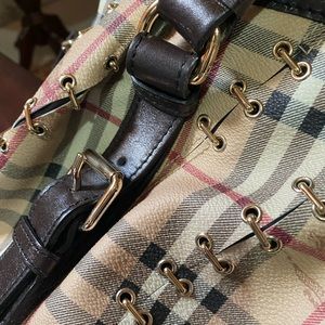 Haymarket Check Canvas and Chocolate Leather Metal Stitch Large Lowry Tote Bag.